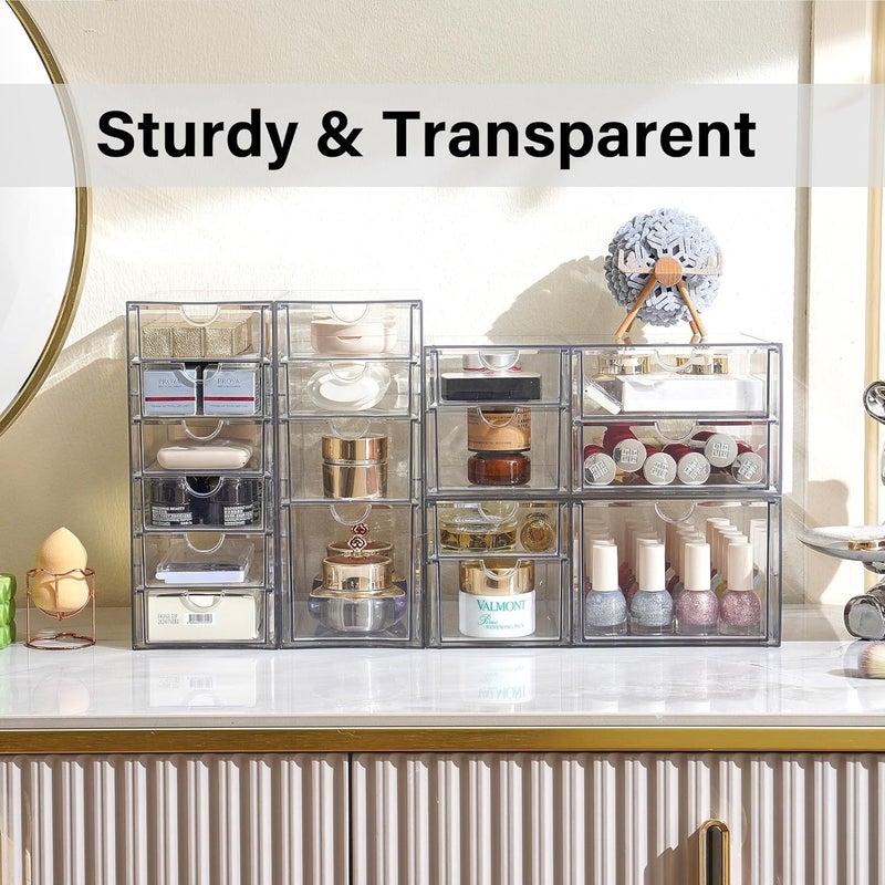 Prsildan Acrylic Drawer Organizer with 17 Drawers, Craft Office Desk Makeup Organizers Accessories, Set of 4 Clear Stackable Storage Drawers for Vanity, Countertop, Jewelry, Art Supply Organization - Image 4